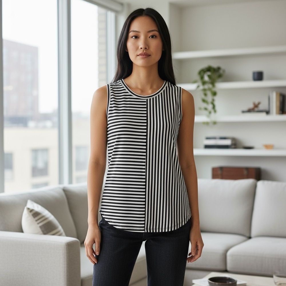 CAbi Women's Striped Sleeveless‎ Tank Top Black Size S Casual Spring
